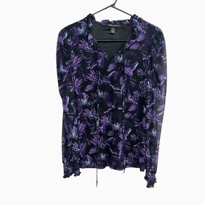 Sheer Dark Floral Ruffle Blouse S Purple Black Y2K Whimsigoth Romantic